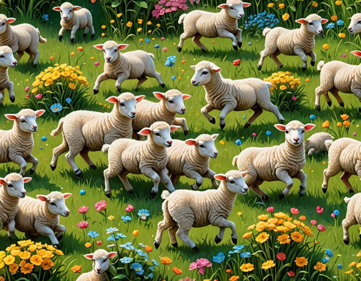 Happy Lambs Bouncing Through Lush Pasture in 3D