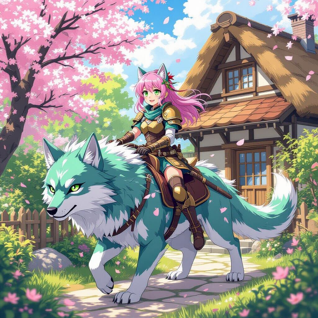 Anime Girl on Dragon Wolf Crashing Into Cottage