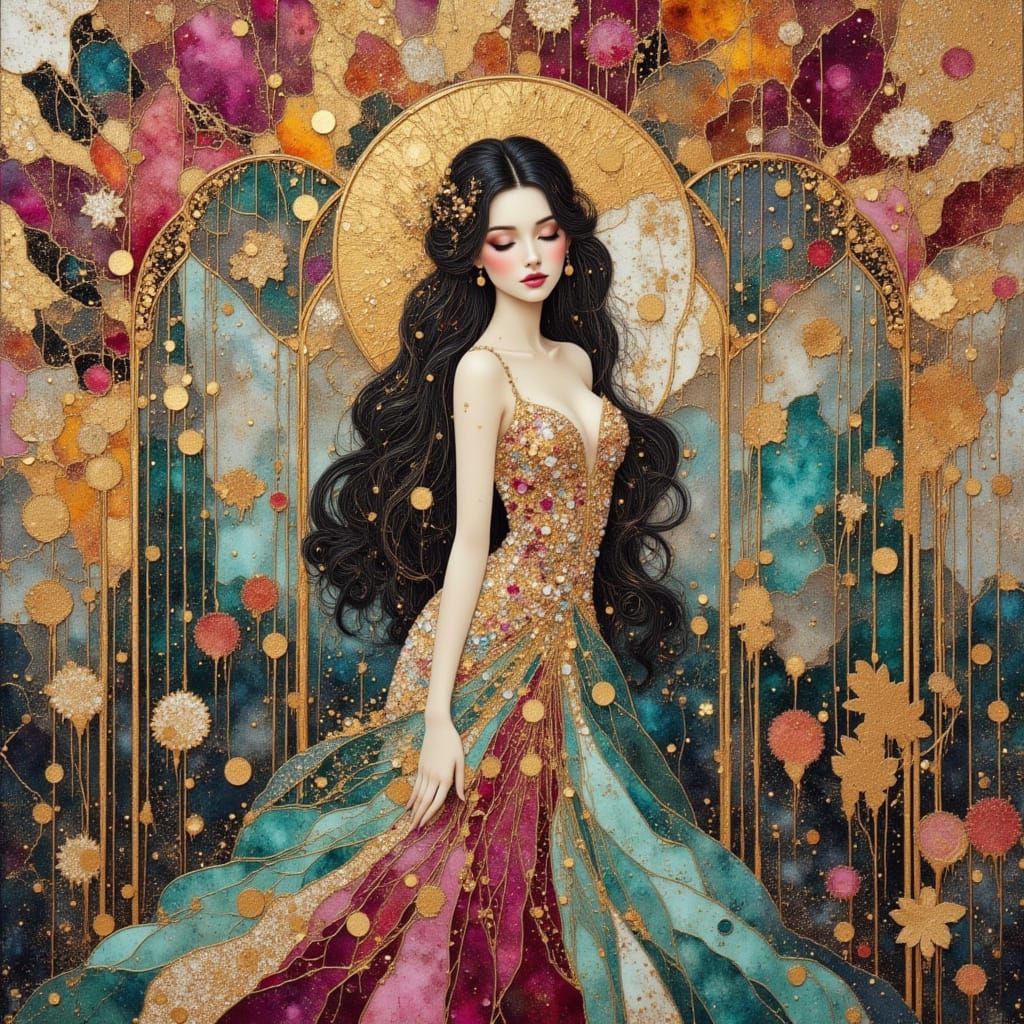 Elegant Woman in Art Deco Mansion, Klimt Aesthetic