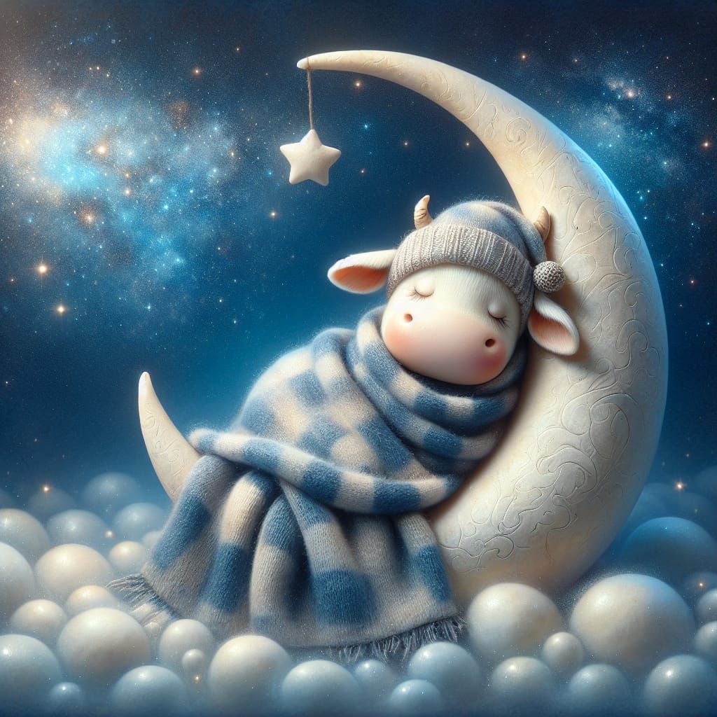 Cow Sleeping on the Moon in Starry Cosmos