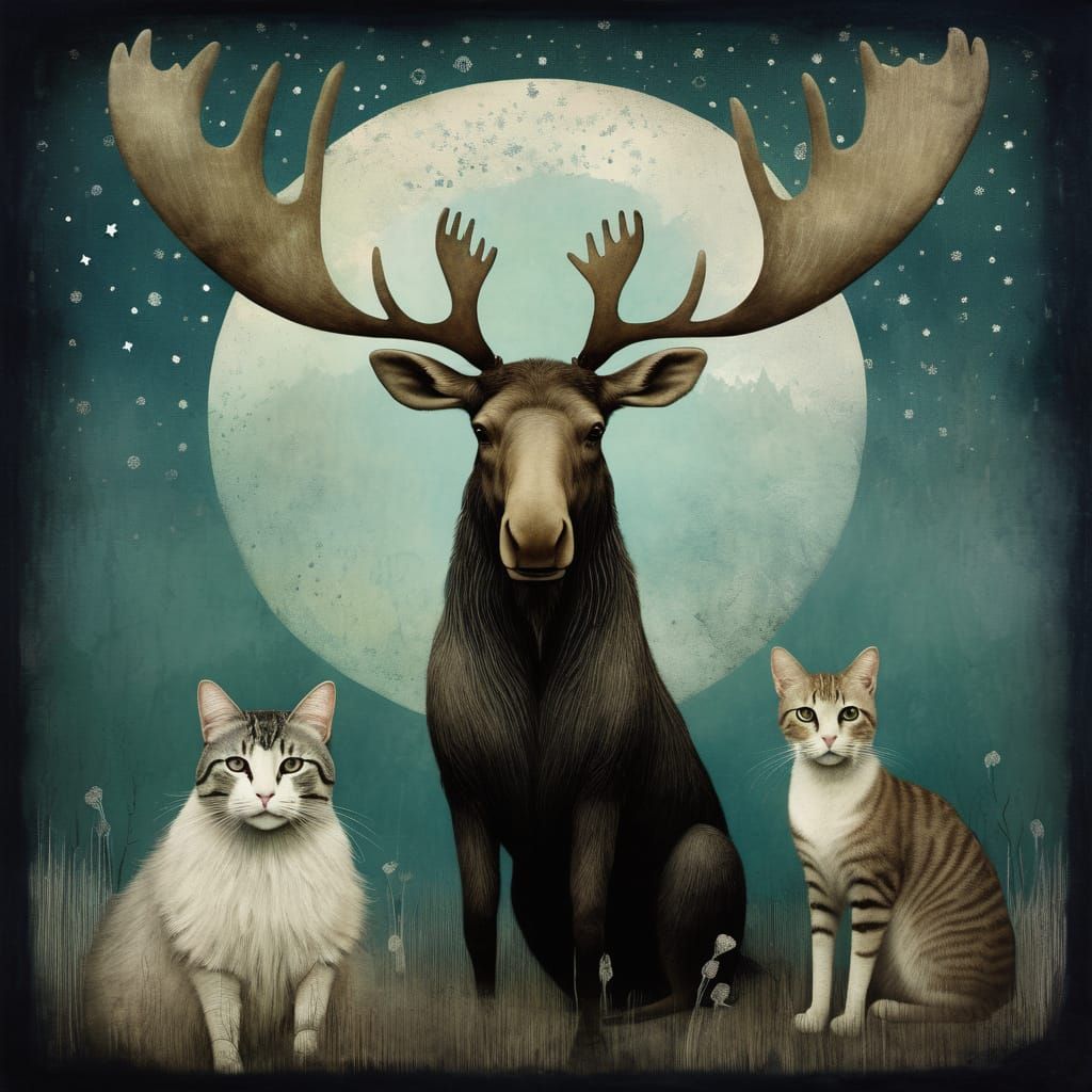 Moose and Cat Together in Whimsical Art
