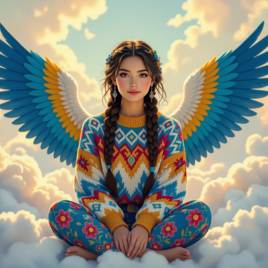 Woman with Knitted Wings in Ethereal Sky