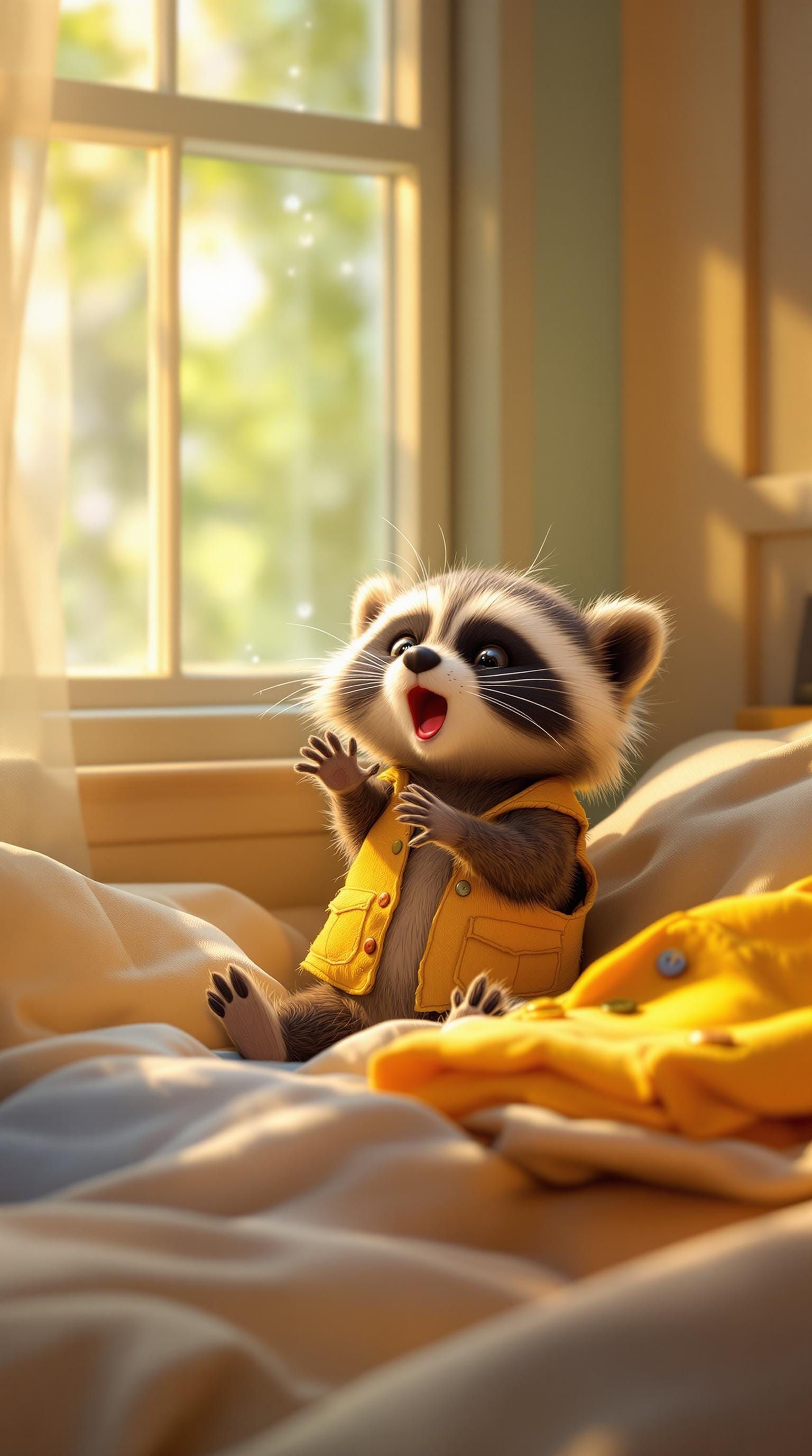Pixar-Style Baby Raccoon Wakes Up in Cozy Morning Scene