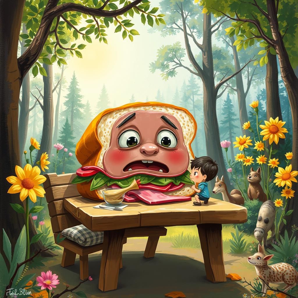 Cartoon Ham Sandwich Eats Tiny Human in Forest