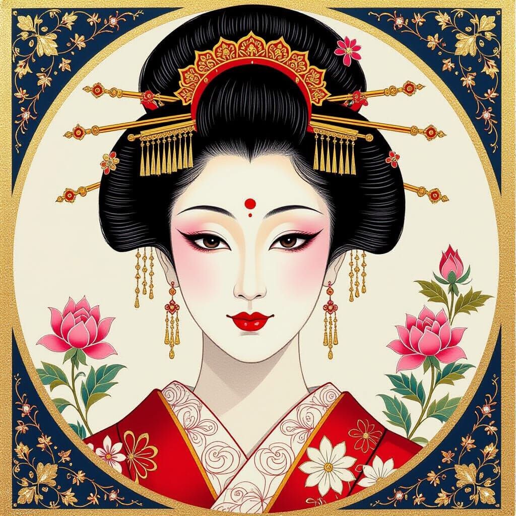 Geisha Portrait in Mughal Style Gouache with Gold