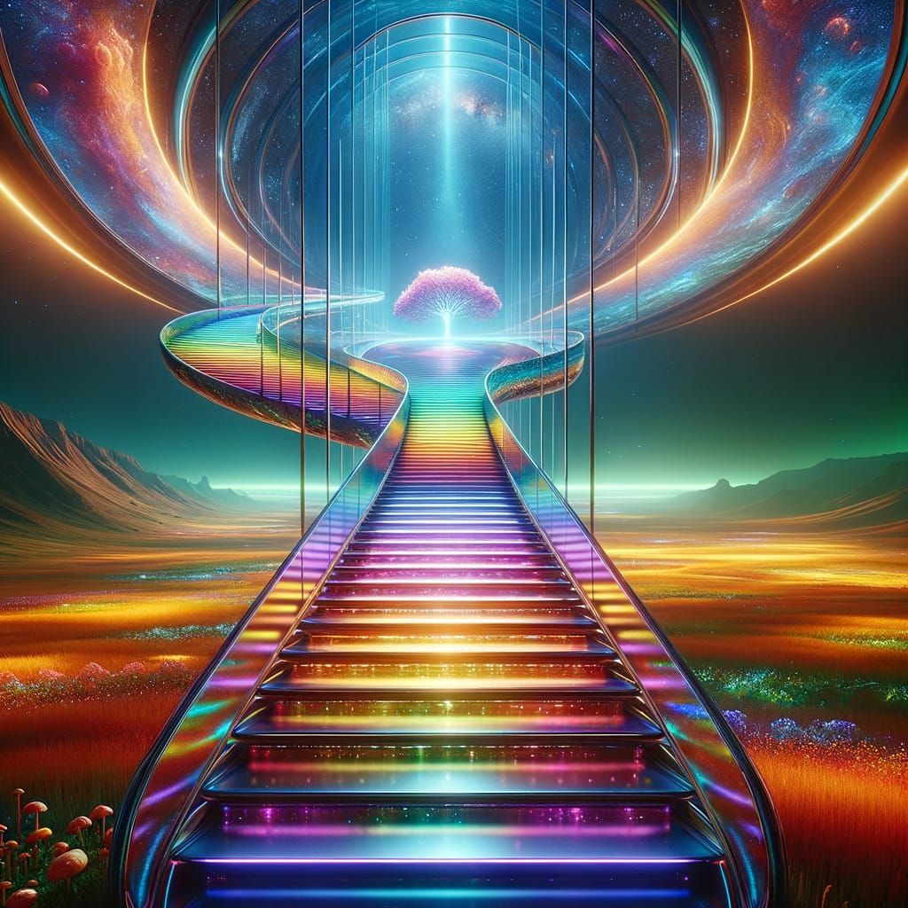 Cinematic Alien Vista: Multicolored Stairway to Luminous Tre...