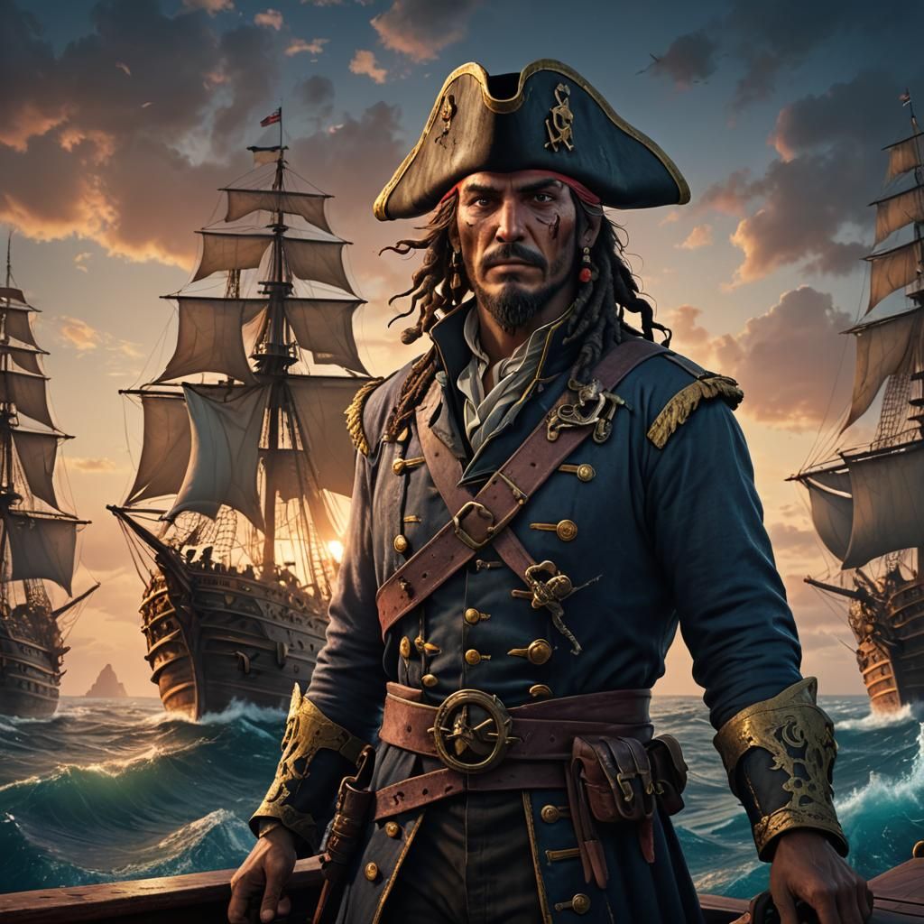 Young Pirate Captain at Dusk: Detailed Matte Painting