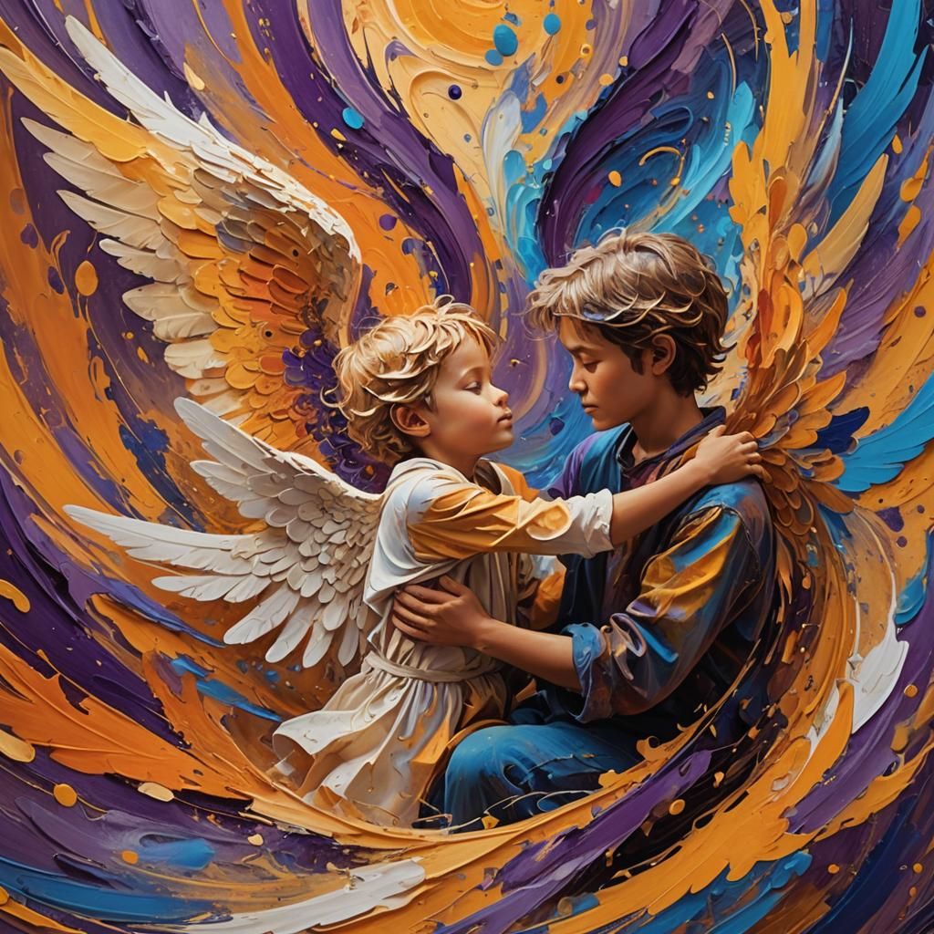 Angel and Boy in Abstract Expressionist Colors