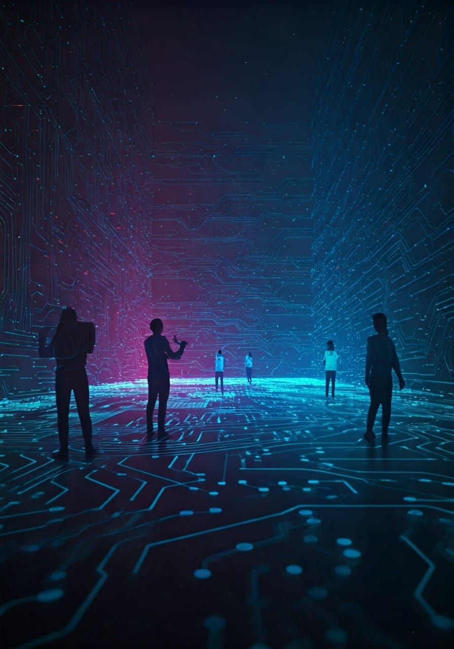 Neon Coders Compete in Surreal Cyberpunk Landscape