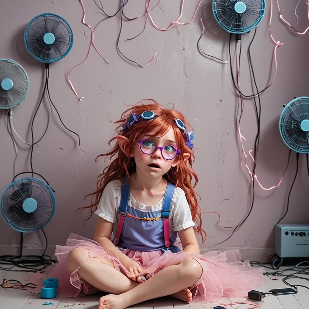 Elf Girl Cooling Off in a Whirlwind of Fans