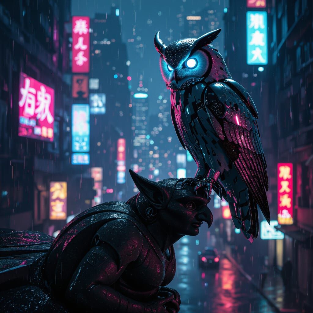 Robotic Owl on Gargoyle in Cyberpunk City