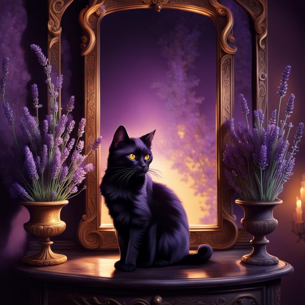 Black Cat with Lavender in Dark Fantasy Style
