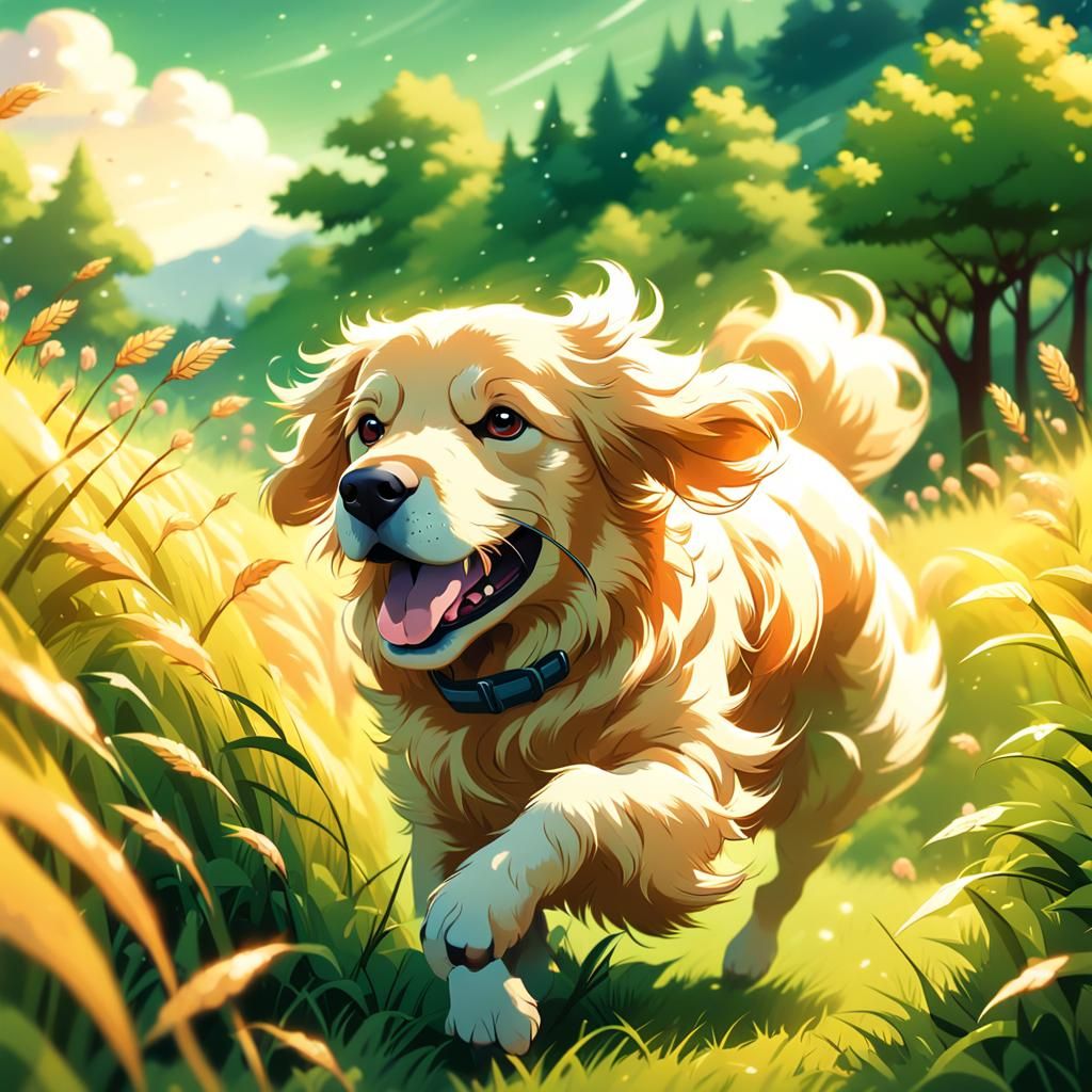 Golden Retriever Runs Through Meadow in Anime Style
