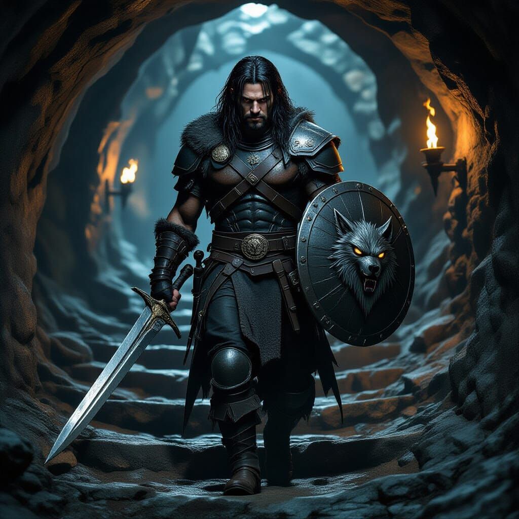 Fantasy Warrior in Dark Cave: Hyperrealistic Digital Art