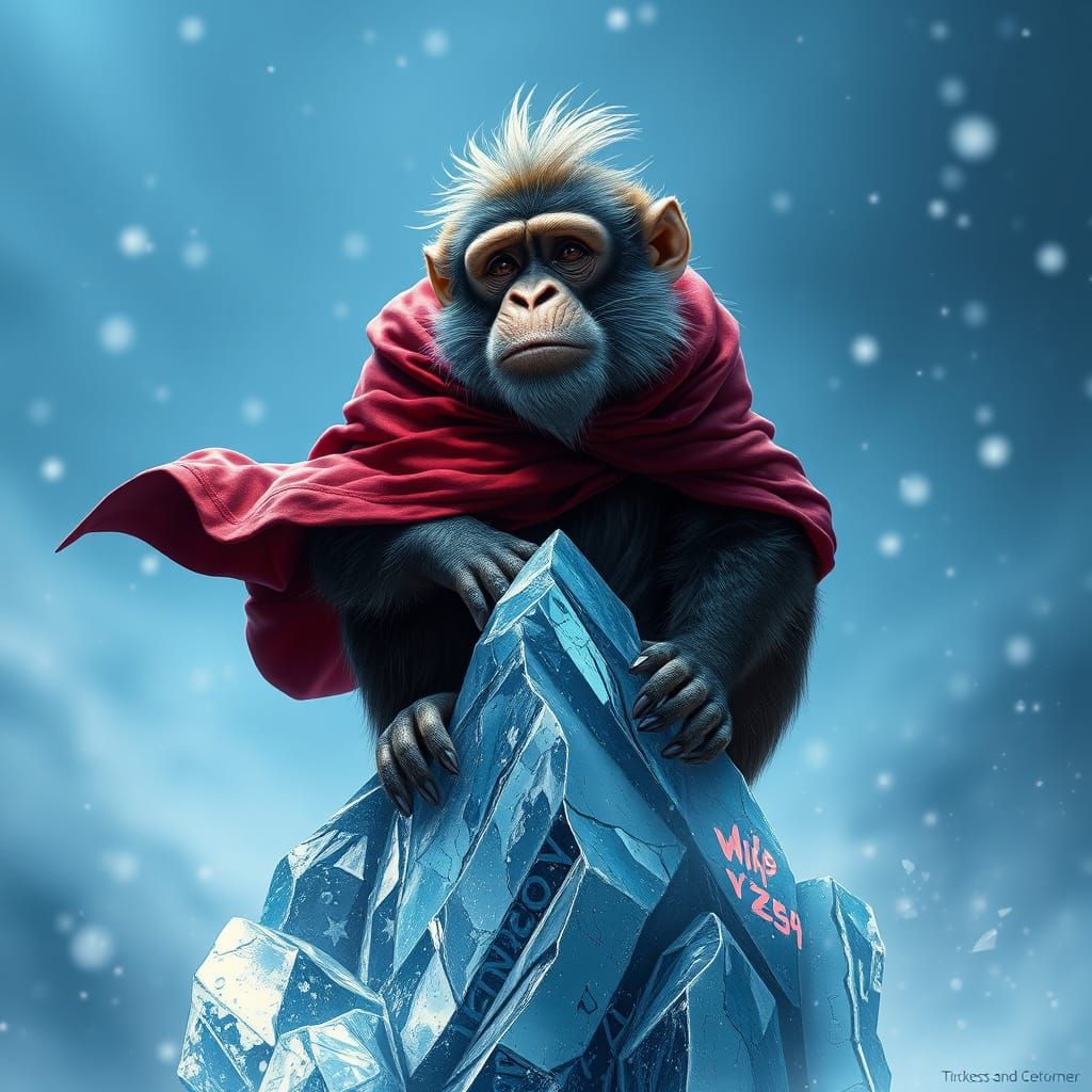 Wise Monkey in Crimson Cape on Ice Sculpture