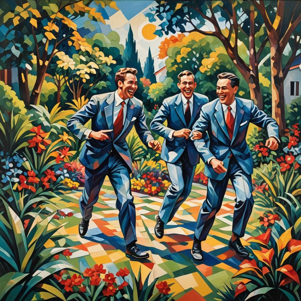 Brothers Playing in Garden: Cubist Oil Painting