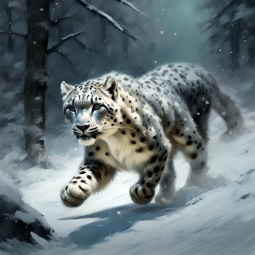 Snow Leopard Runs Through Snowy Forest at Night