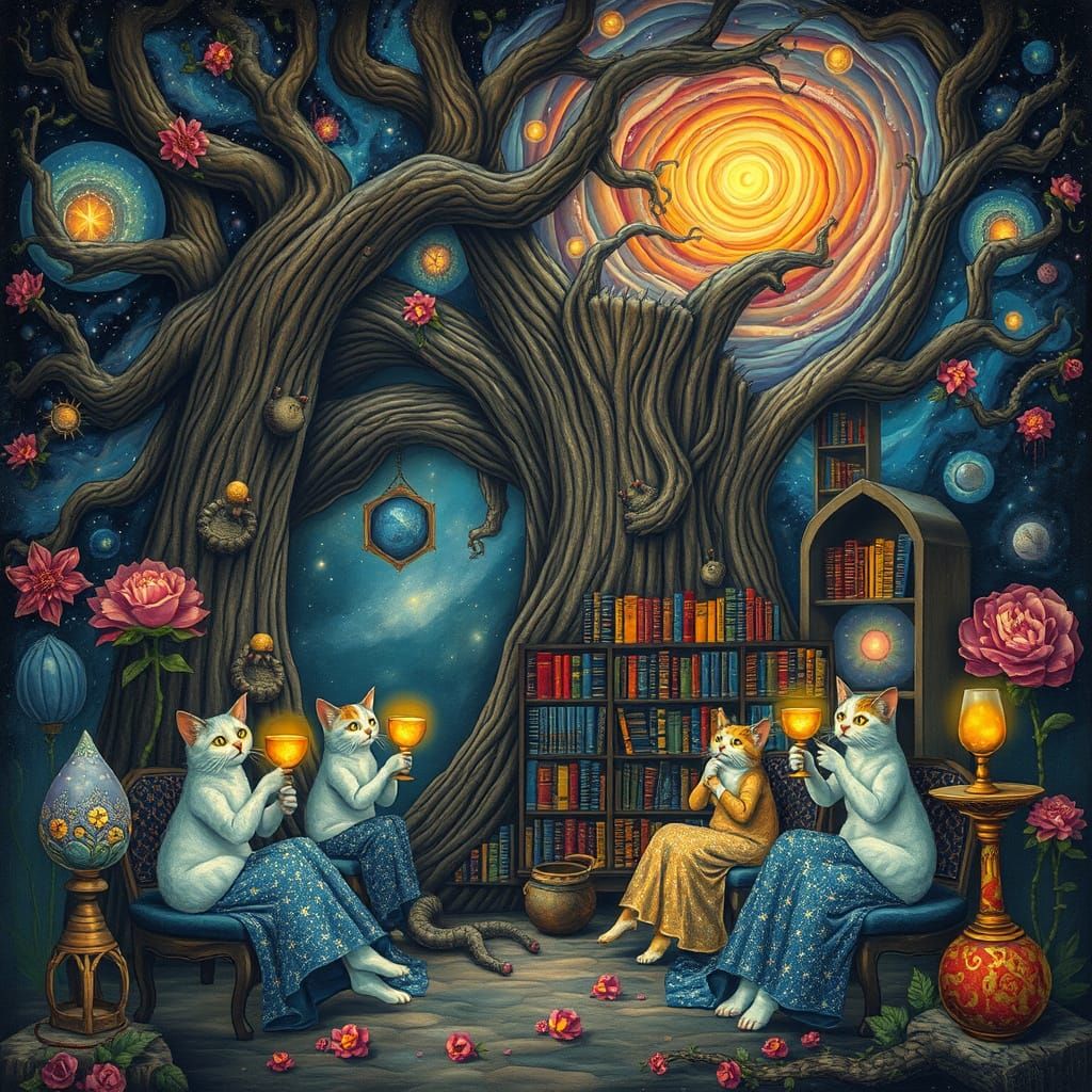 Celestial Cat Library in Ancient Tree, Surreal Fantasy Art