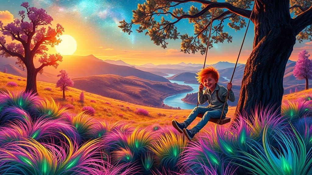 Vibrant Valley Scene with Iridescent Leaves and Bioluminesce...