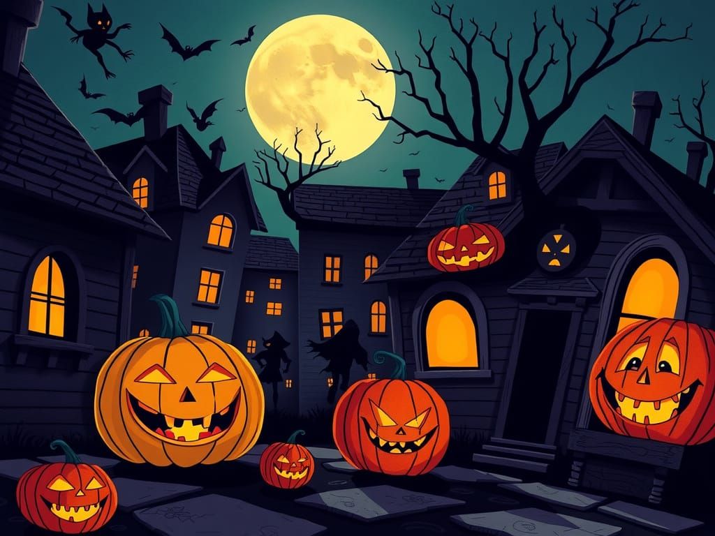 Eerie Halloween Night With Glowing Jack-o'-lanterns