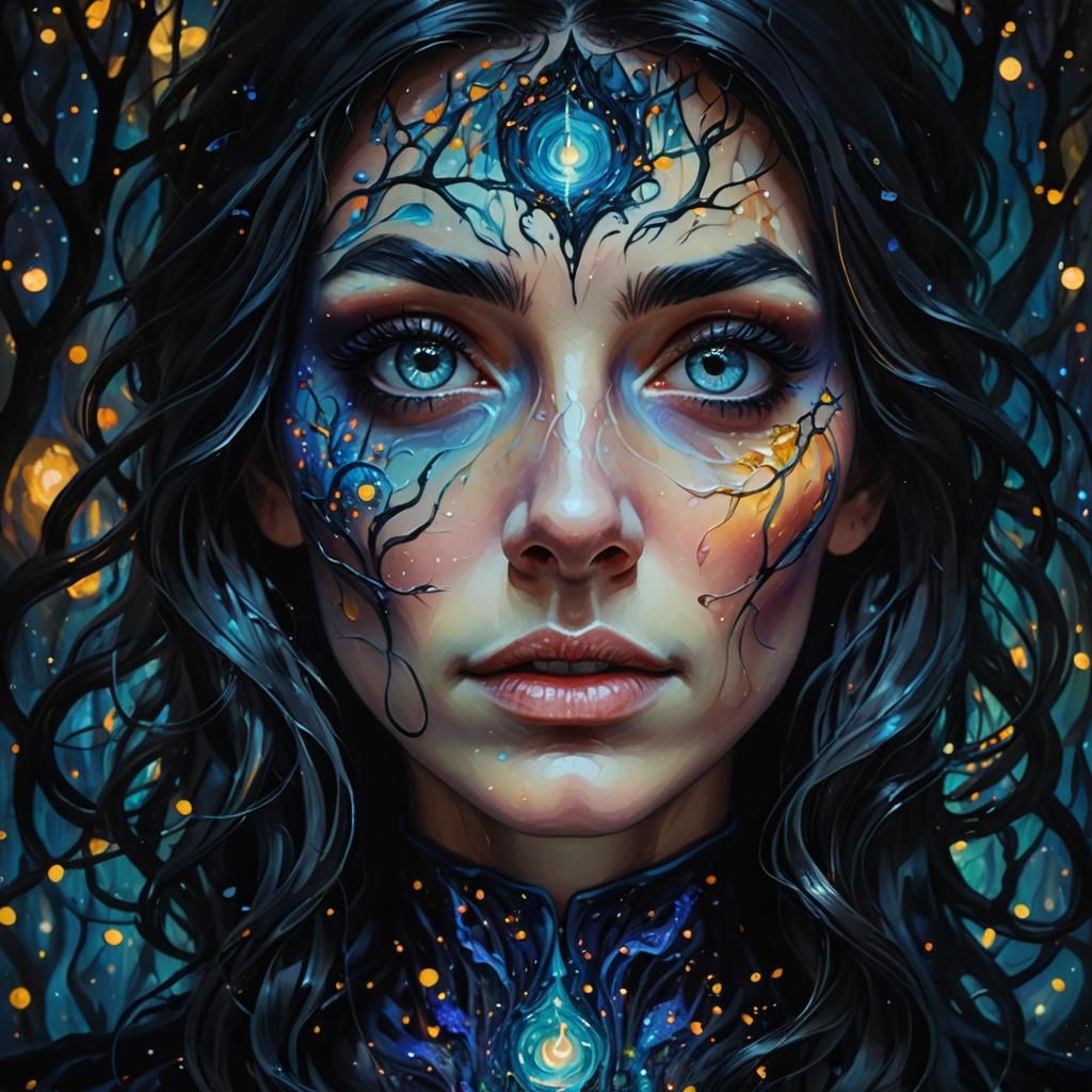 Surreal Girl Witch in Forest Oil Painting