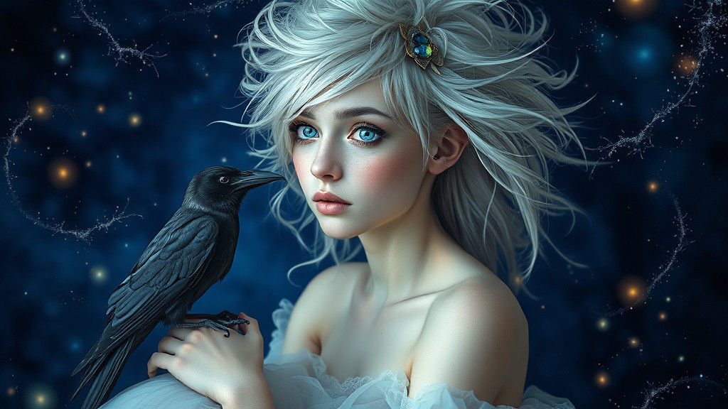 Ethereal Fantasy Character with Crow in Dreamy Style