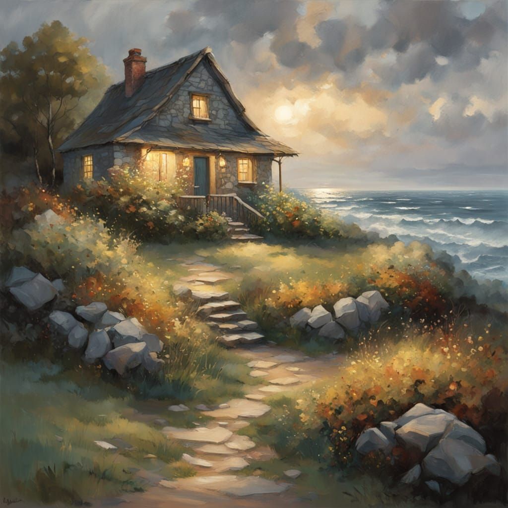 Romanticized Realism Stone Cottage at Sunset