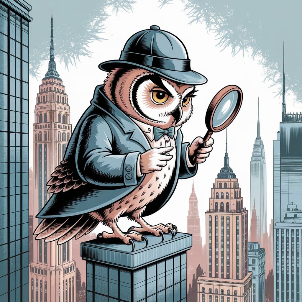 Owl Detective in Cityscape, Children's Book Illustration