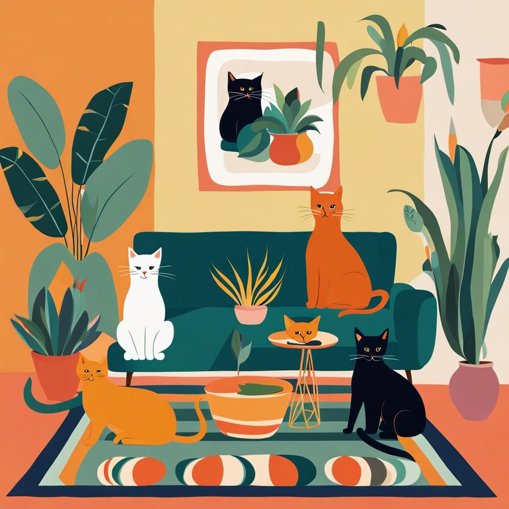 Bohemian Living Room with Cats: Modern Art Illustration