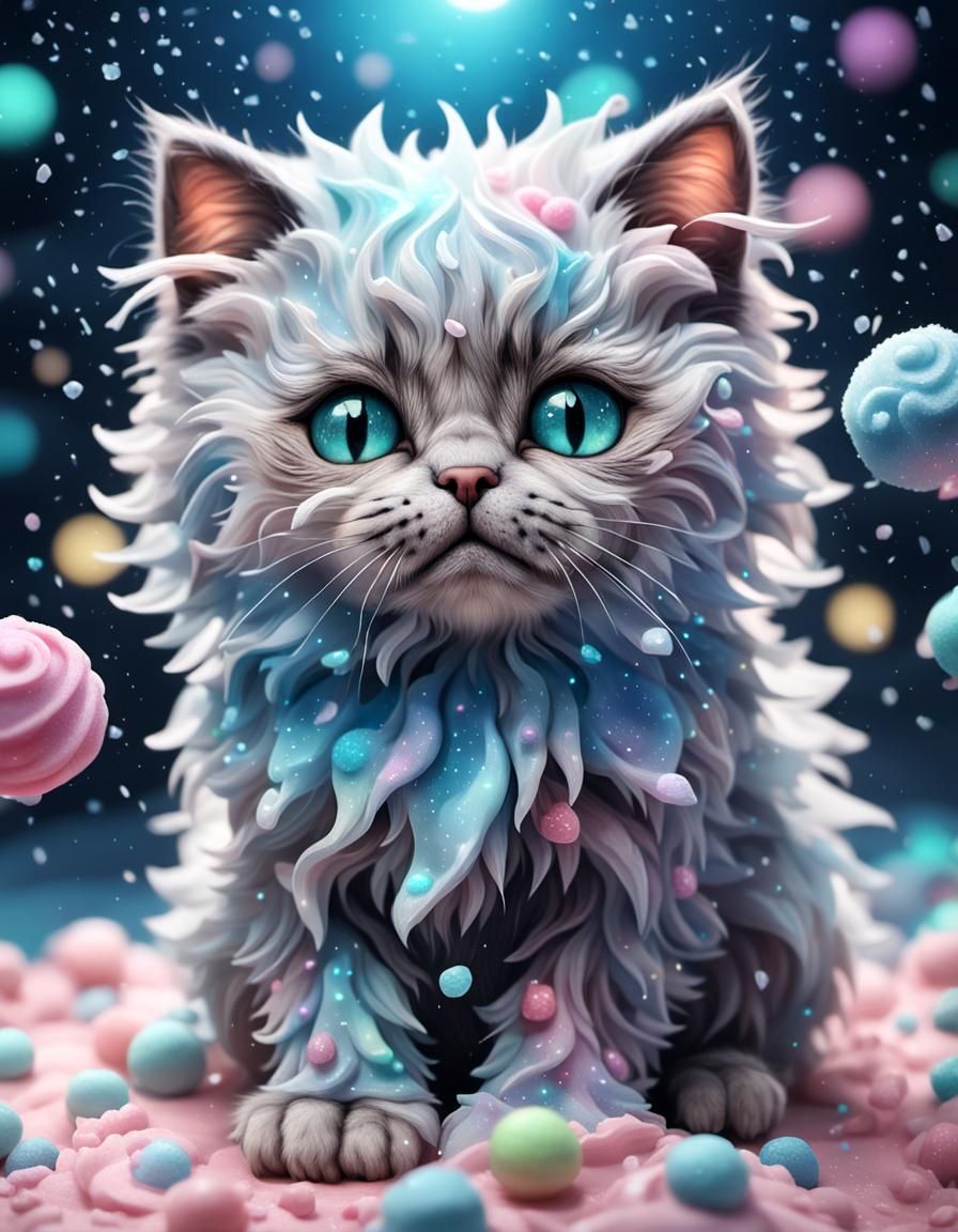 Sad Fluffy Cat Crying in a Candy Cloud