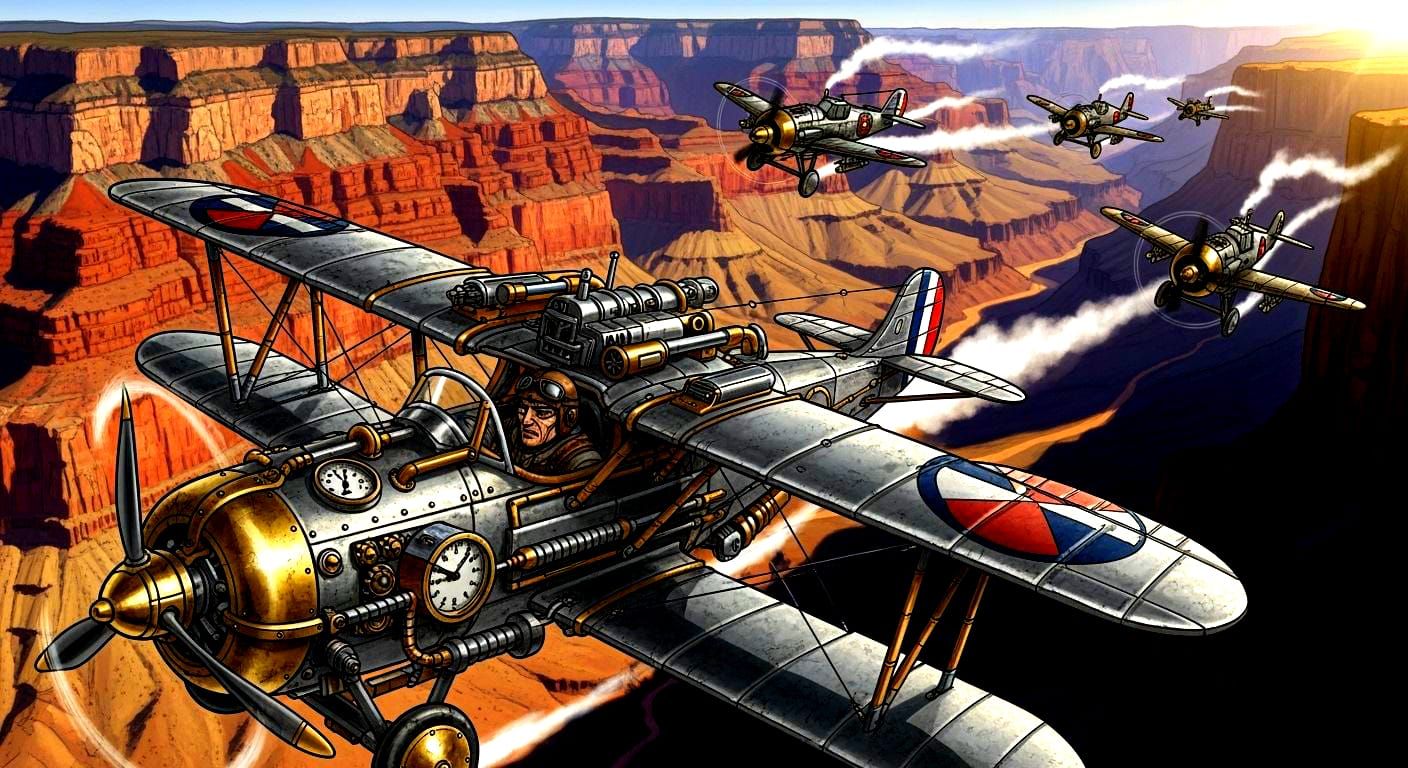 A steampunk pilot valiantly maneuvers his heavily modified S...