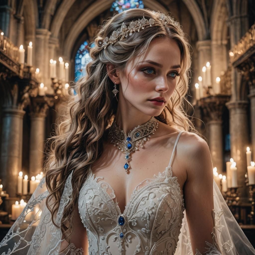 Beautiful Bride in Gothic Cathedral Wedding Scene