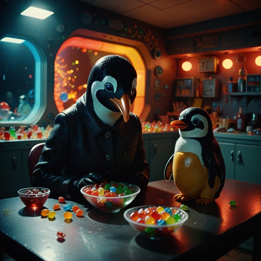 Penguin in Spaceship Eats Gummy Bears with Girl