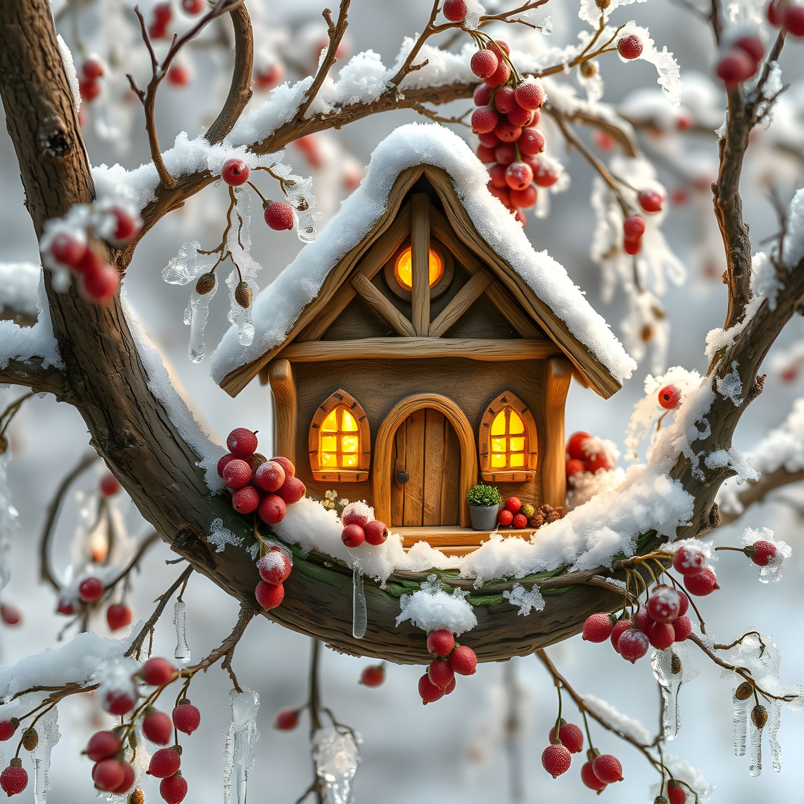 Charming Miniature House on Snowy Rowan Branch