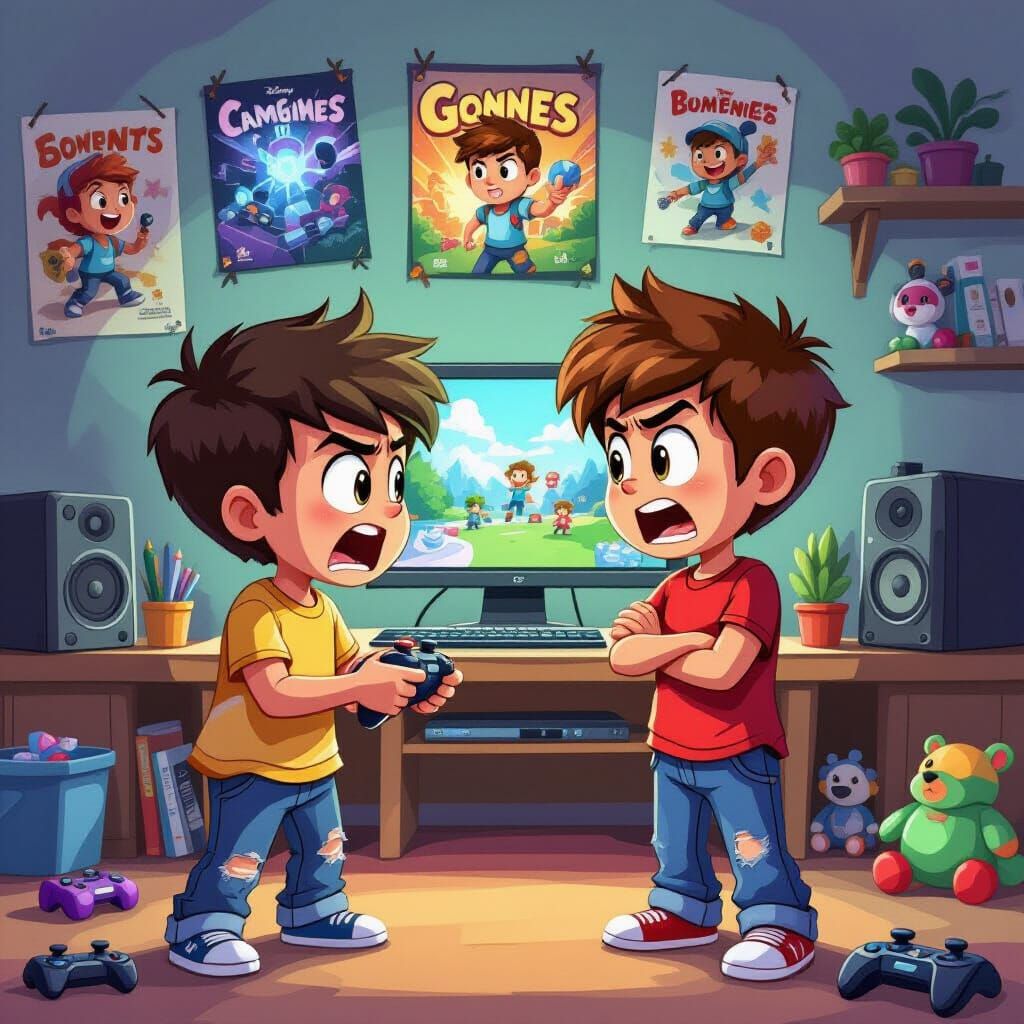 Kids Arguing Over Video Game in Cartoon Style