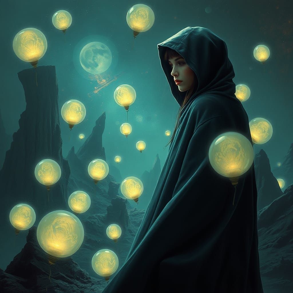 Mystical Woman Surrounded by Ethereal Orbs