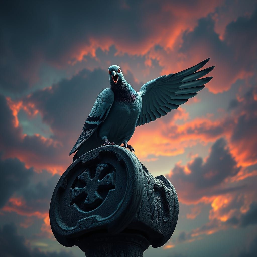 Mysterious Avian Statue Guardian in a Futuristic, Neon-Lit L...