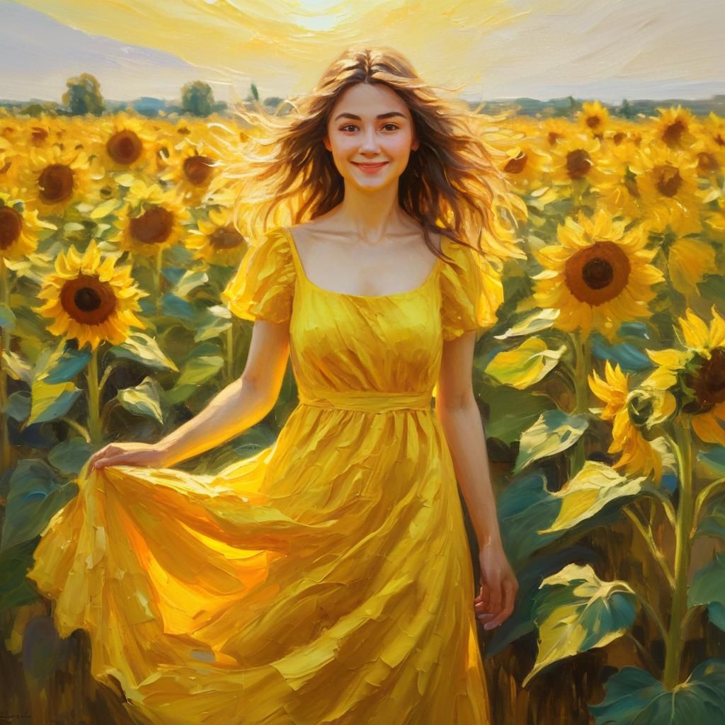 Woman in Yellow Dress in Sunflower Field as Oil Painting