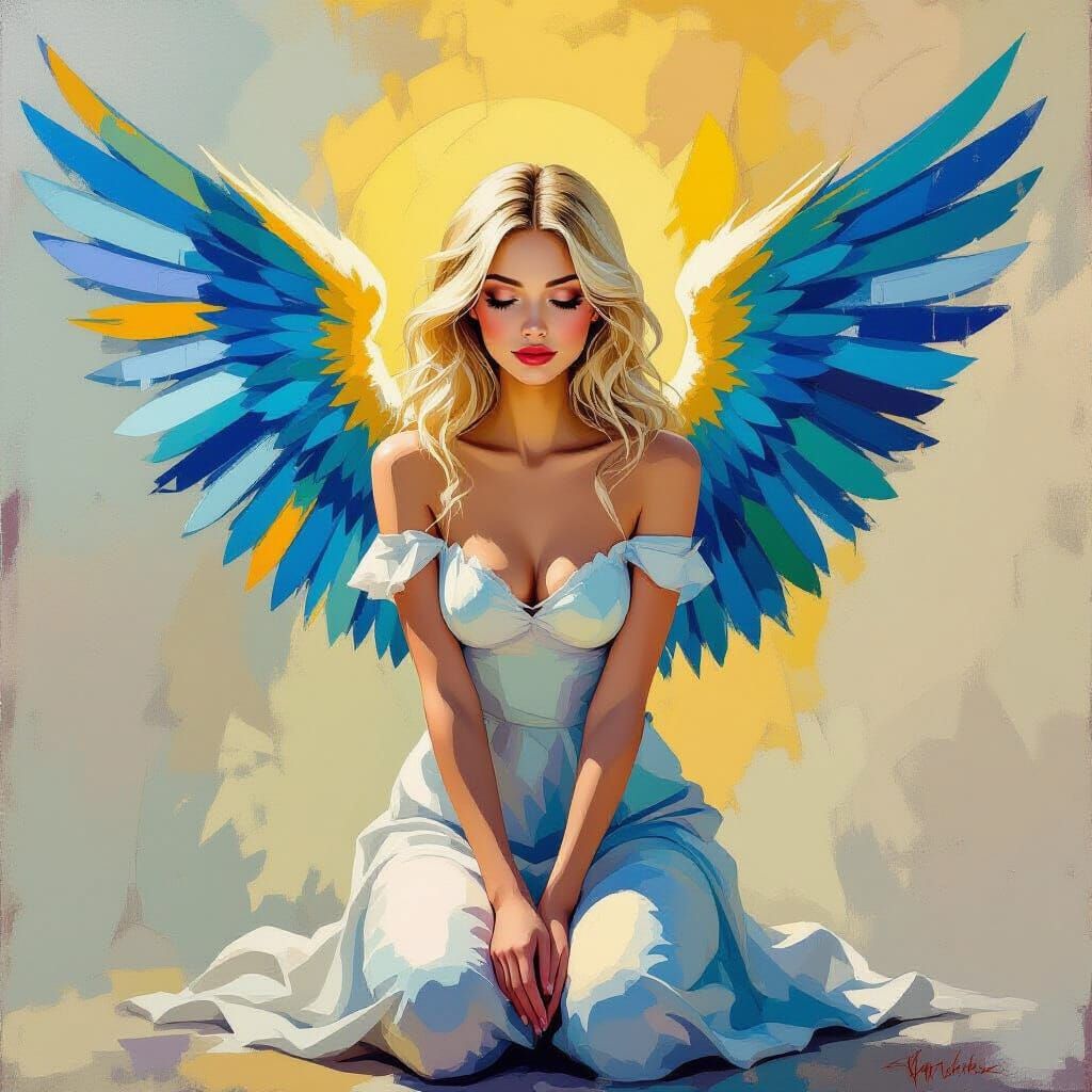 Angelic Figure Kneeling in Vibrant Blue and Yellow Impasto S...
