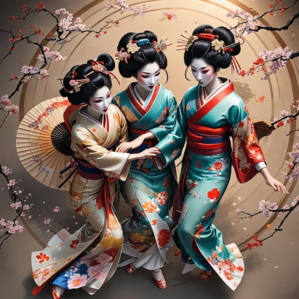 Japanese Geisha Dancers in Elegant Balance