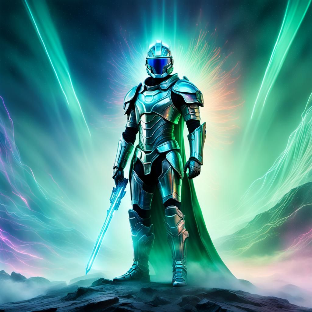 Lone Figure in Prismatic Armor with Glowing Accents