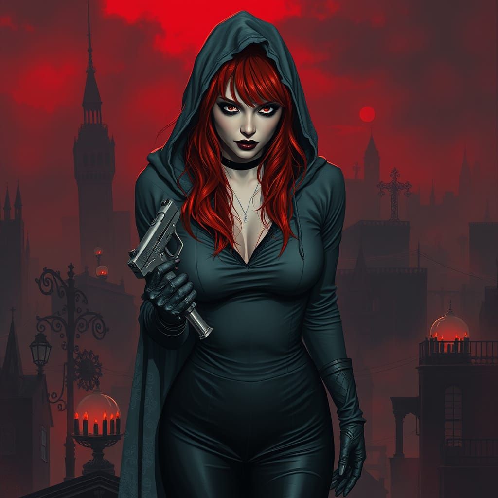 Gothic Red Haired Woman with Wide Eyes, Holding a Pistol, in...