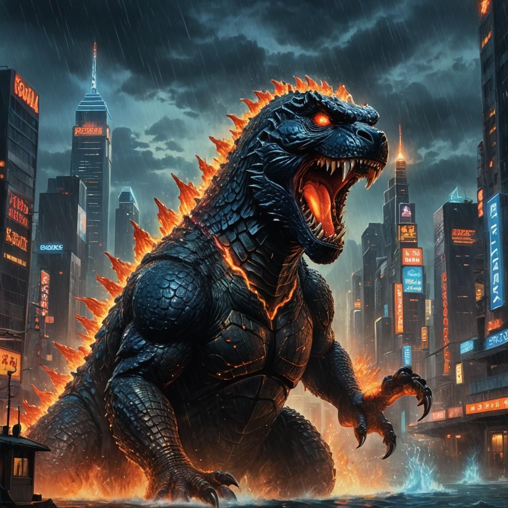 Godzilla Roars in a Neon Cityscape