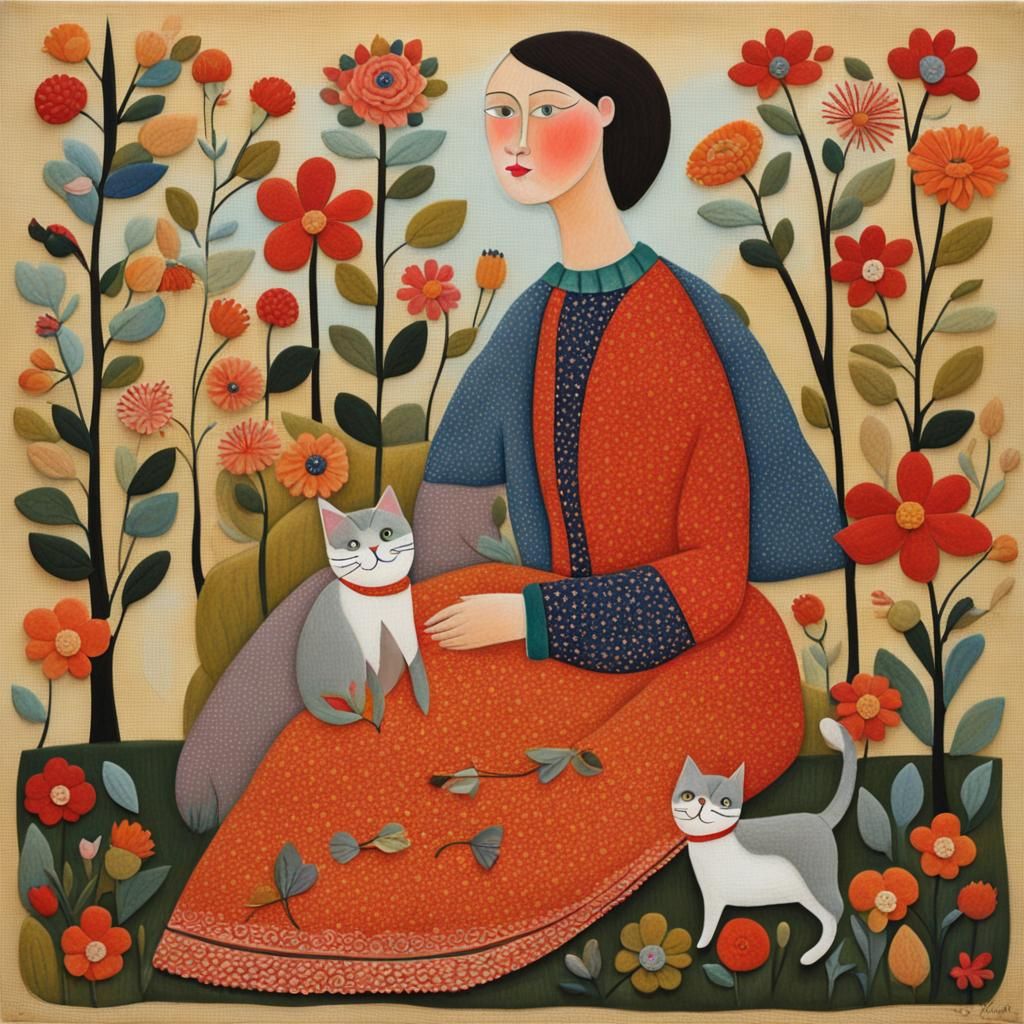 Lady with Cat in Soft Folk Art Style