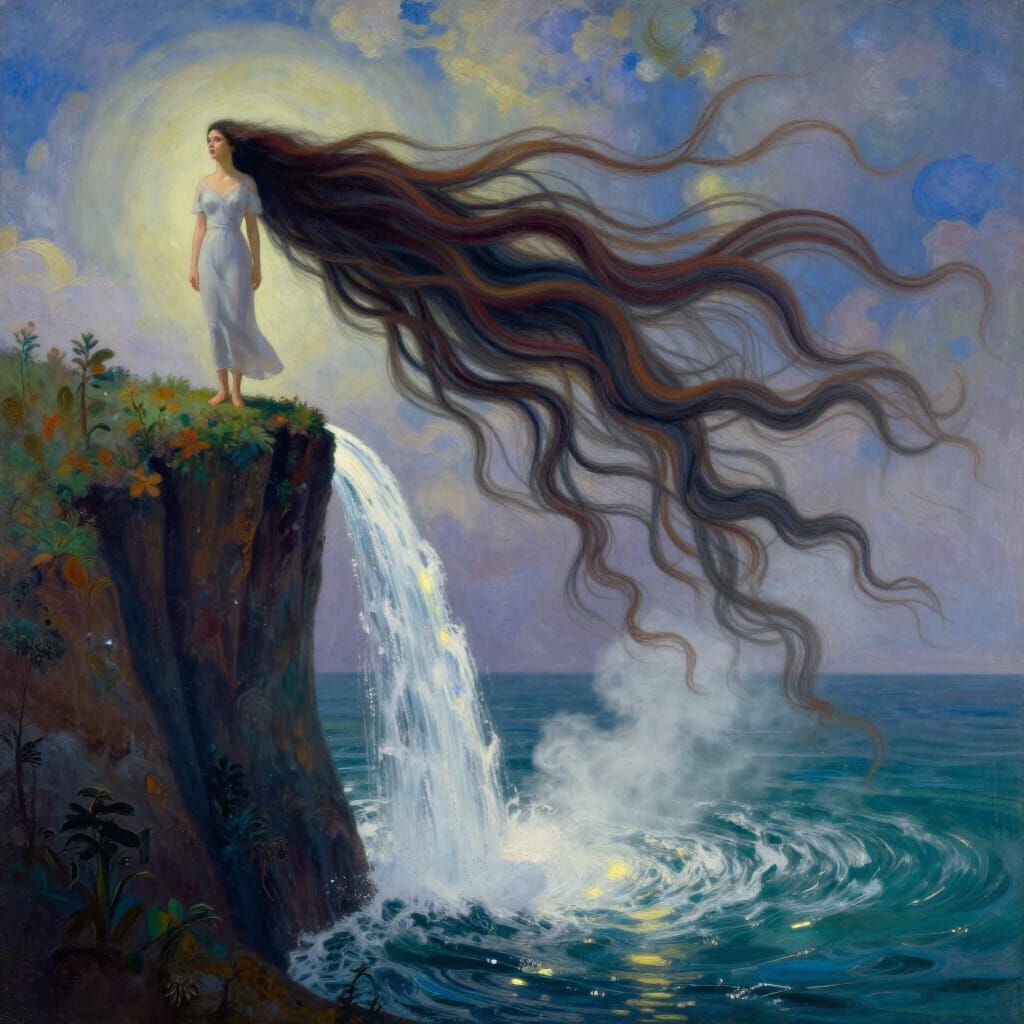 Surreal Waterfall Hair Scene in Painterly Style
