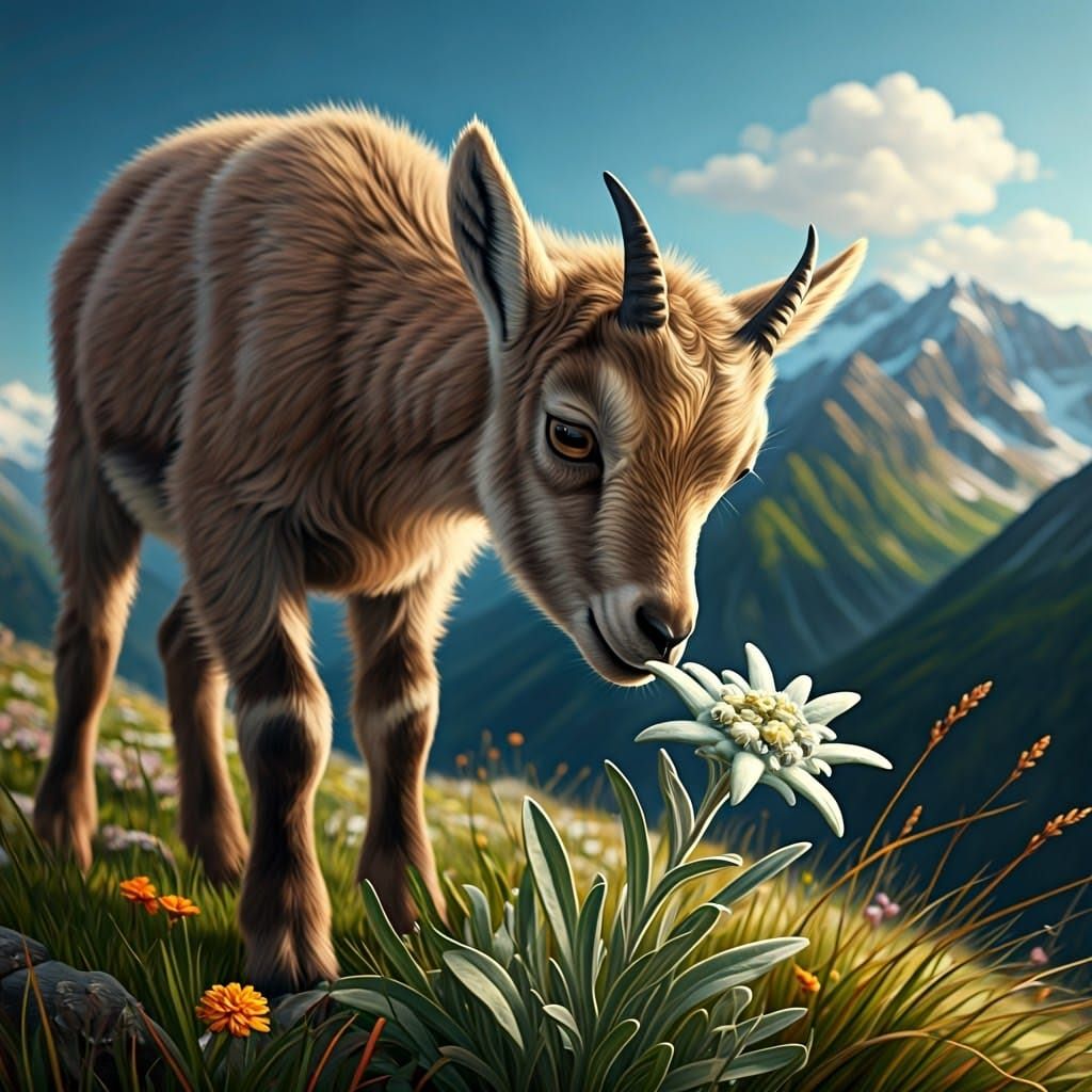 Baby goat and Edelweiss