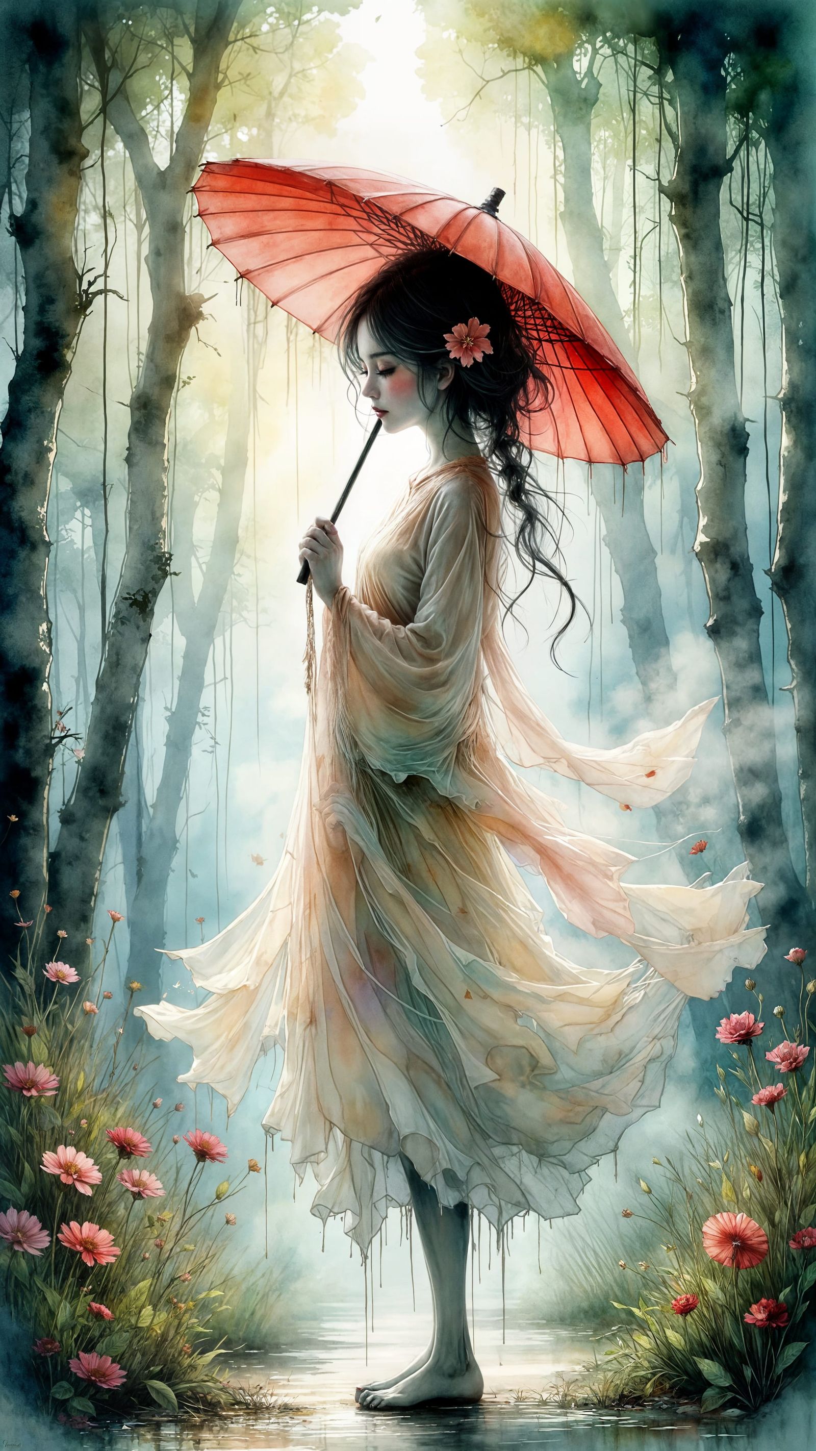 Oriental Ghost Woman Holding Umbrella in Watercolor Style