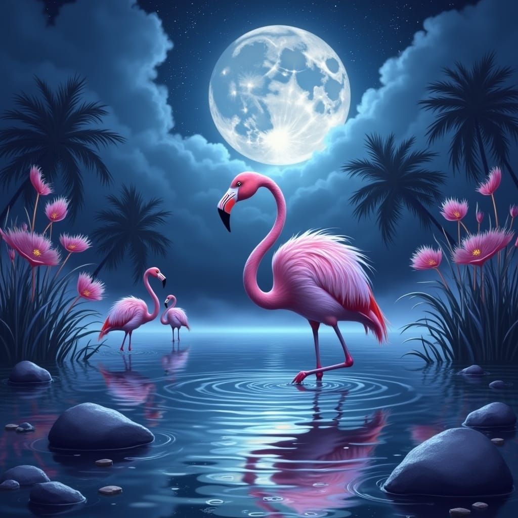 Flamingo in Moonlight Lagoon Fantasy Illustration