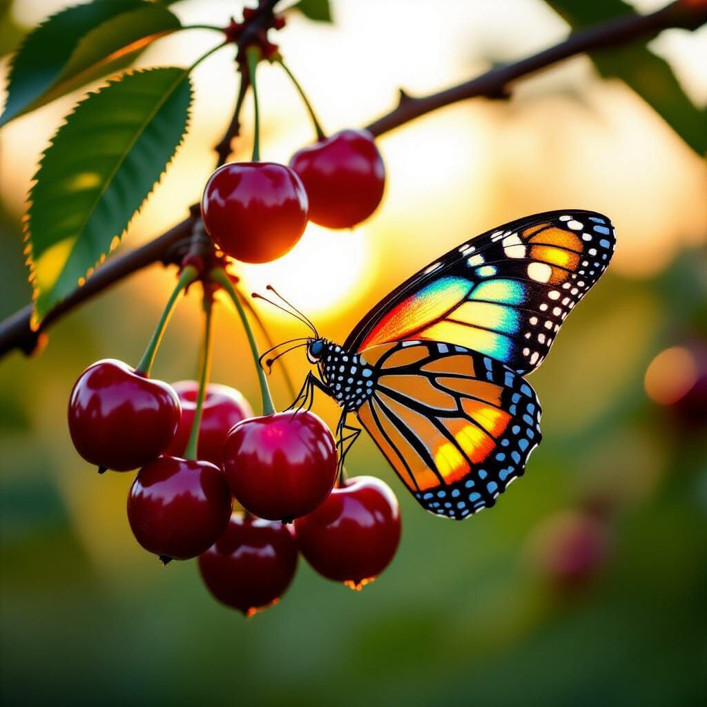 Butterfly on Cherries: Hyperrealistic Macro Photography