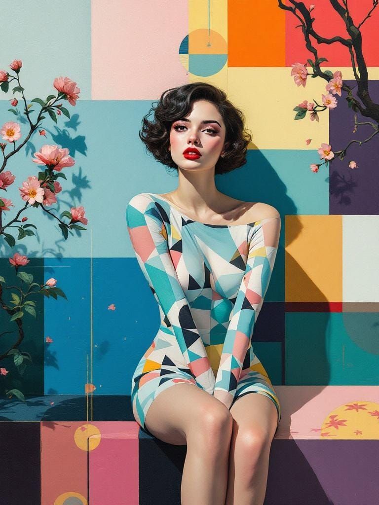 Magical Realism Pin-Up in Impasto with Geometric Patterns